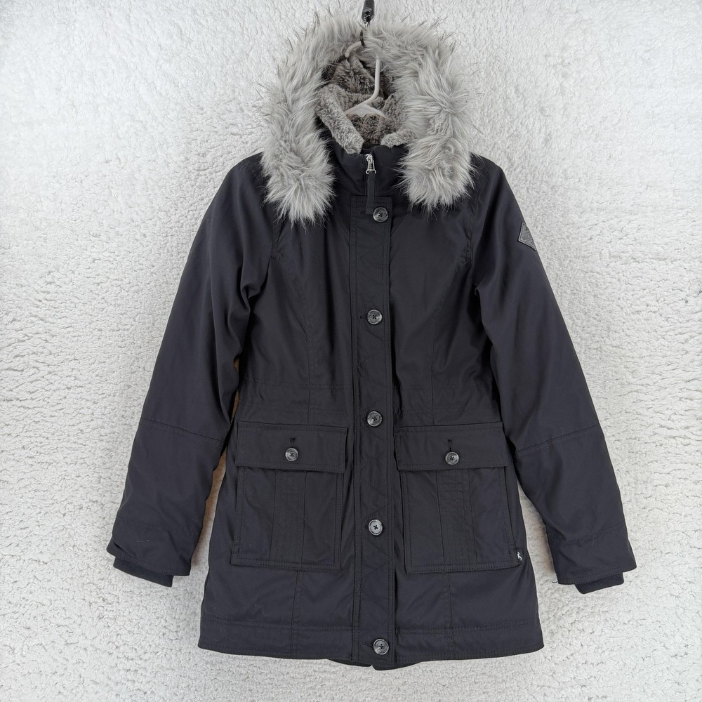 Hollister Heritage Collection Coat Womens Small Black Faux Fur Hooded Parka Y2K